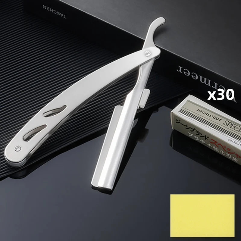 Folding Straight Edge Razor | Stainless Steel Barber Shaver Straight Edge Razor QXL With 30 Blades