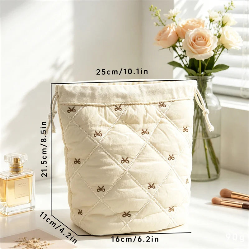 Quilted Drawstring Makeup Bag | Bow Embroidery Cosmetic Organizer Cosmetic Drawstring Bag QXL