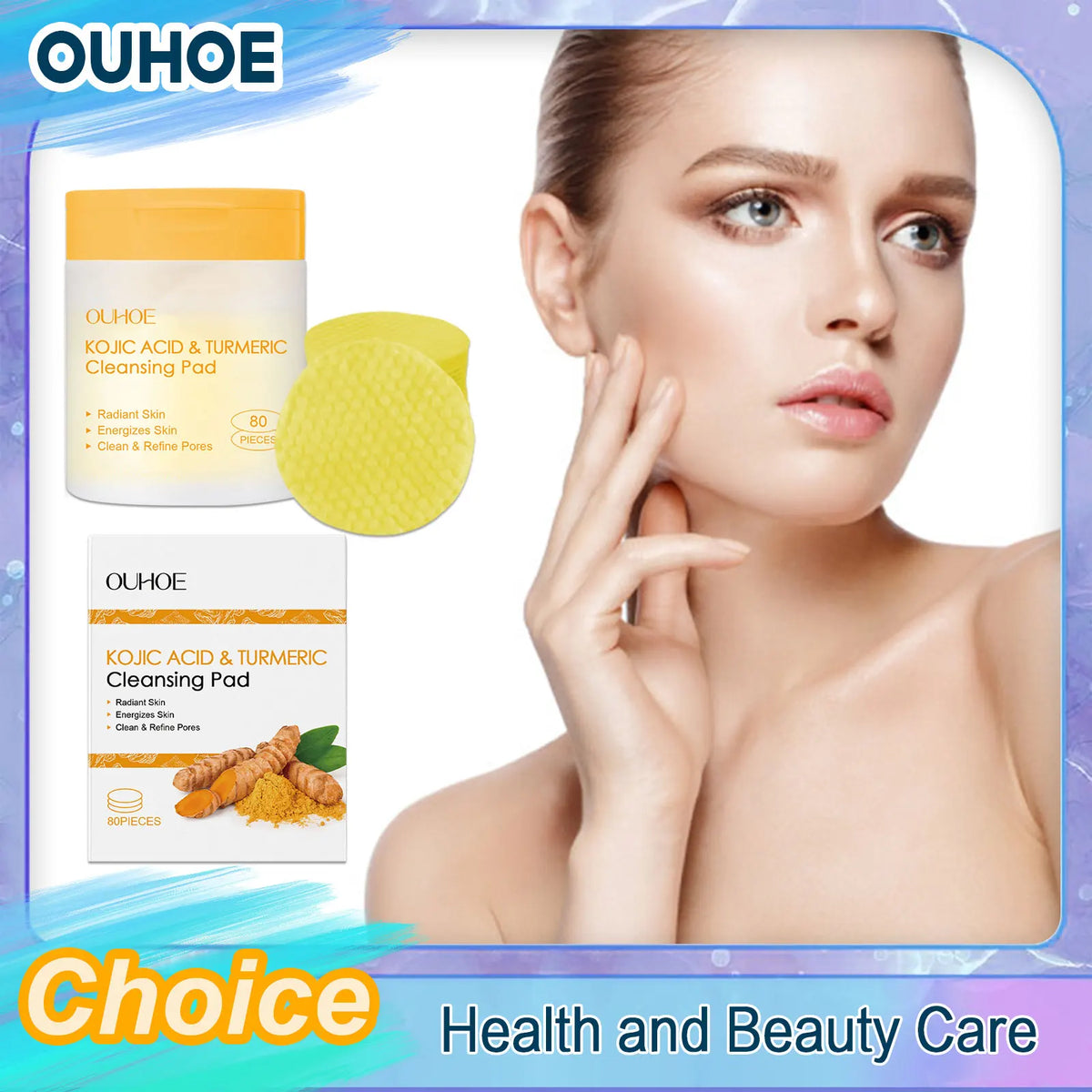 OUHOE Turmeric & Kojic Acid Exfoliating Facial Cleansing Pads 80pk Exfoliating Cleansing Pads QXL