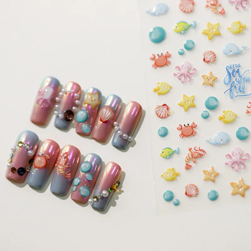5D Embossed Ocean Nail Stickers | Kawaii Sea Shell Manicure Decals Nail Art Stickers QXL