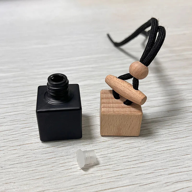 8ml Black Glass Car Aroma Bottle | Wooden Cap & Belt Hanger Car Aroma Diffuser Bottle QXL