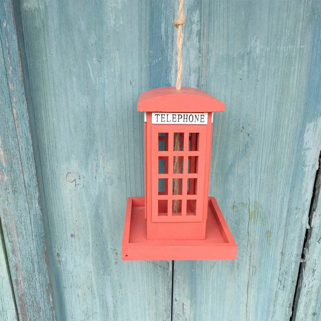 Red Telephone Box Wooden Bird Feeder | Hangable Garden Décor Decorative Bird Feeder QXL