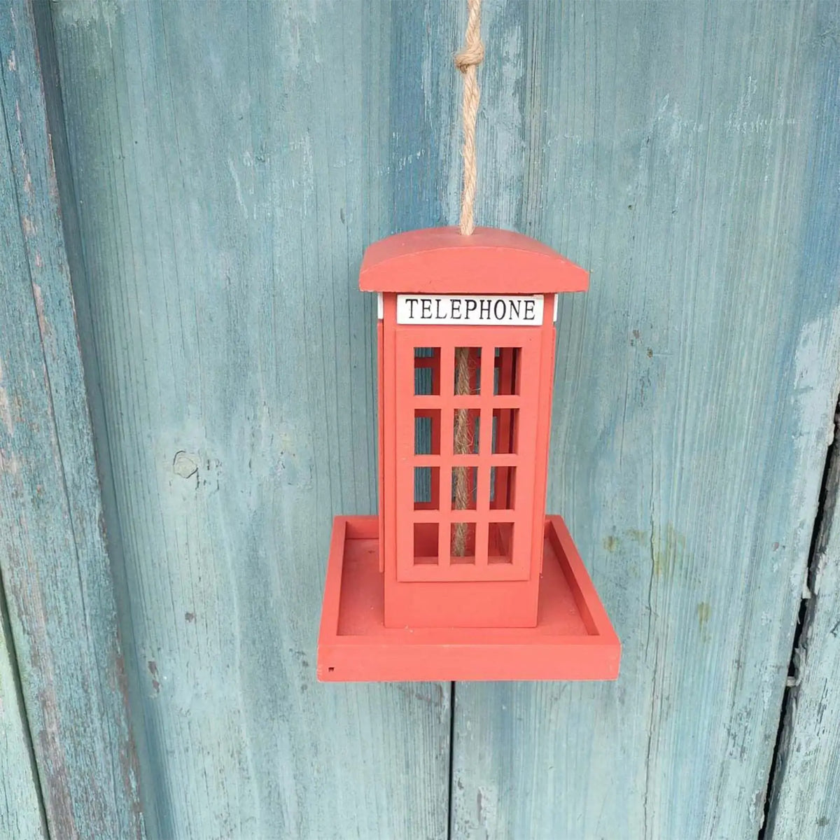 Red Telephone Box Wooden Bird Feeder | Hangable Garden Décor Decorative Bird Feeder QXL