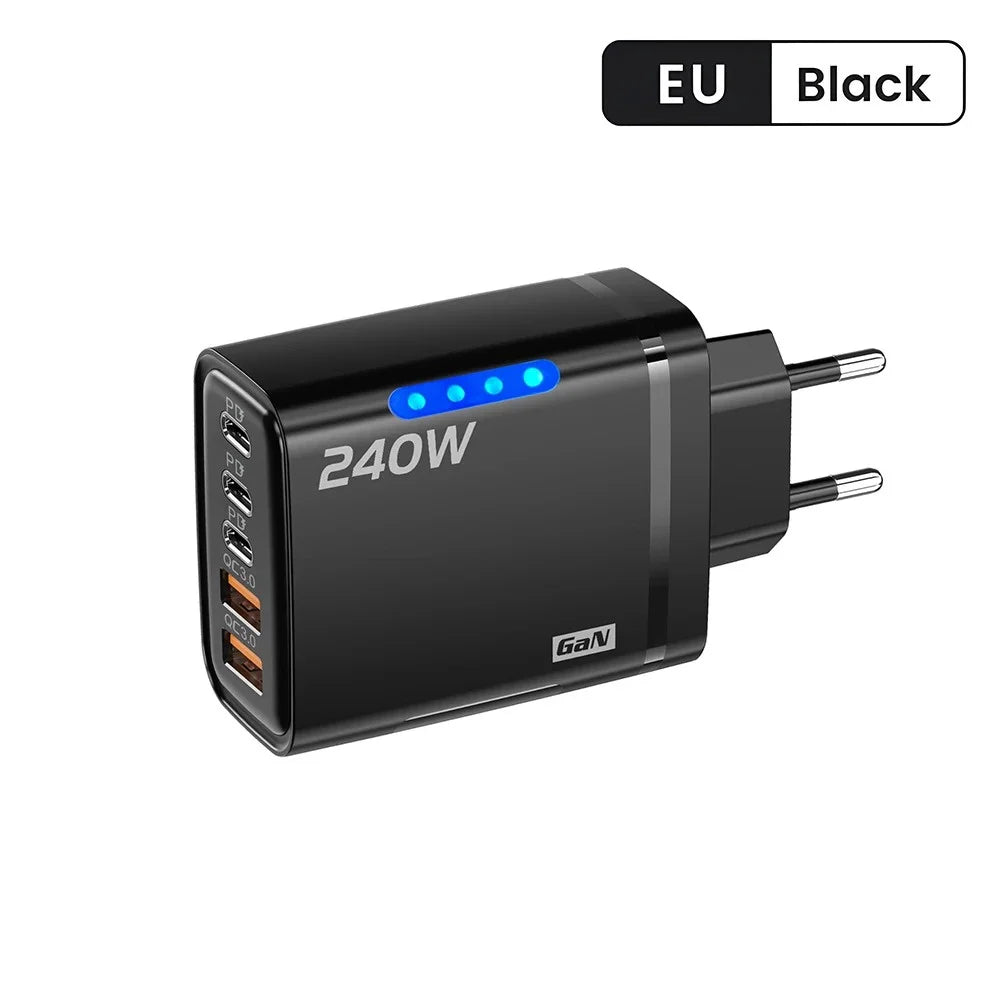 5-in-1 GaN USB-C Charger 240W | Quick Charge 3.0 Desktop GaN Desktop Charger QXL Black EU