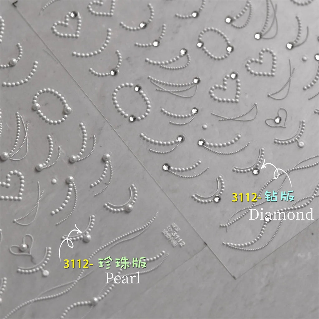 5D Pearl Lace Wave Chain Nail Art Stickers – Elegant White Decals Nail Art Stickers QXL