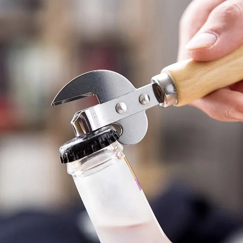 3-in-1 Stainless Steel Can & Bottle Opener | Wood Handle Can & Bottle Opener QXL
