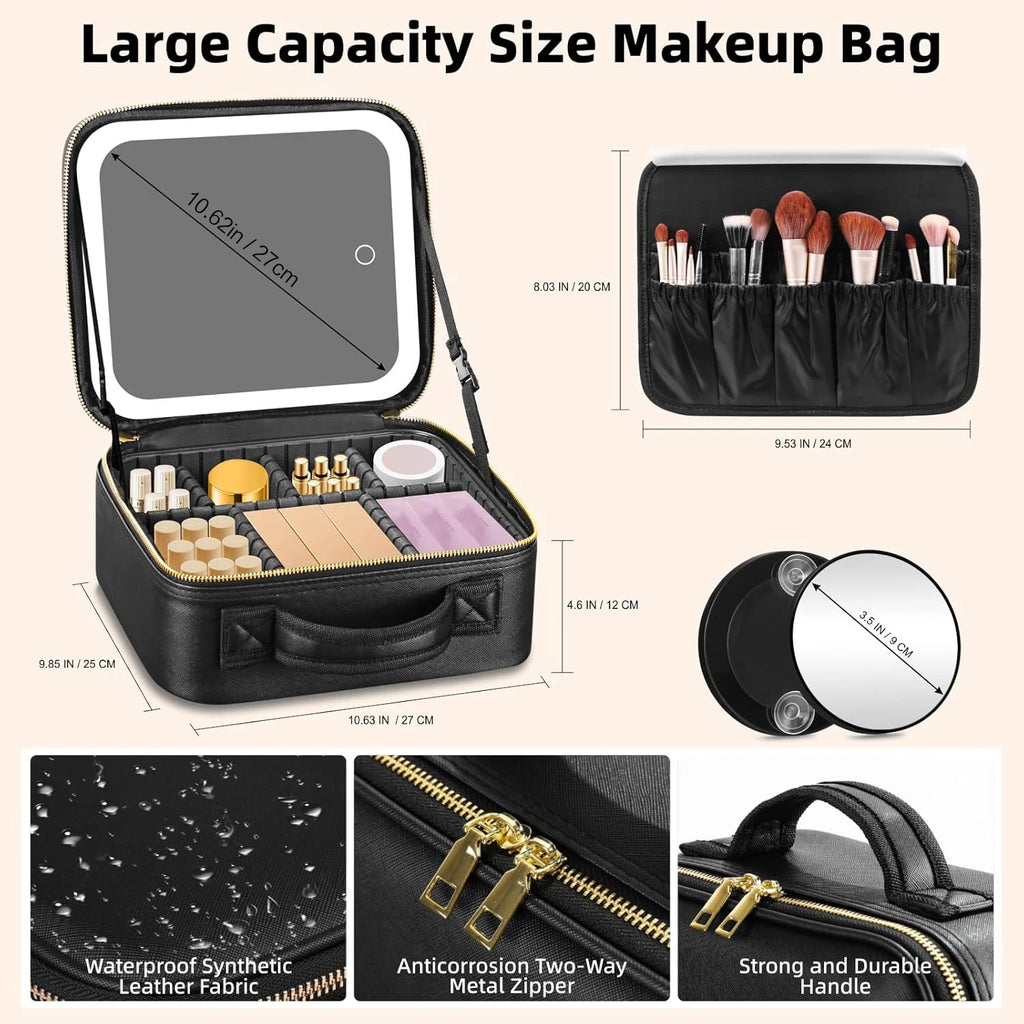 LED Travel Makeup Train Case with 10x Magnifying Mirror Makeup Train Case QXL