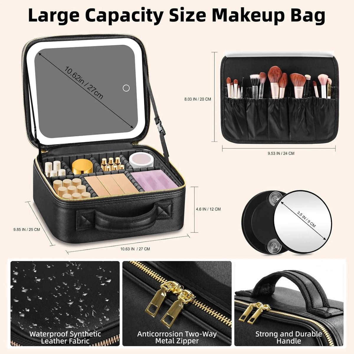 LED Travel Makeup Train Case with 10x Magnifying Mirror Makeup Train Case QXL