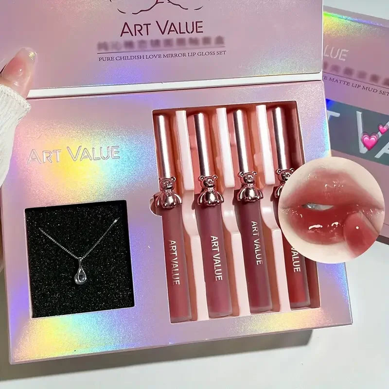 VERONNI Bear Lip Glaze & Necklace Gift Set | 4-Pc Matte Mirror Lip Glaze Gift Set QXL