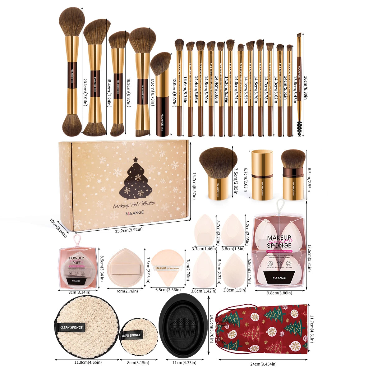 MAANGE 50-Pc Makeup Brush Kit | Puffs, Bag & Cleaning Bowl Makeup Brush Set QXL