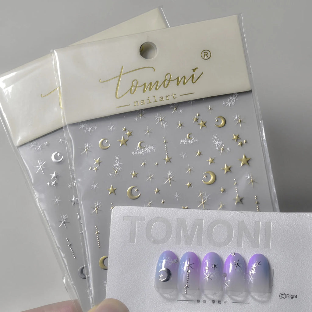 5D Bronzing Nail Stickers – Gold & Silver Stars & Moon Nail Art Stickers QXL