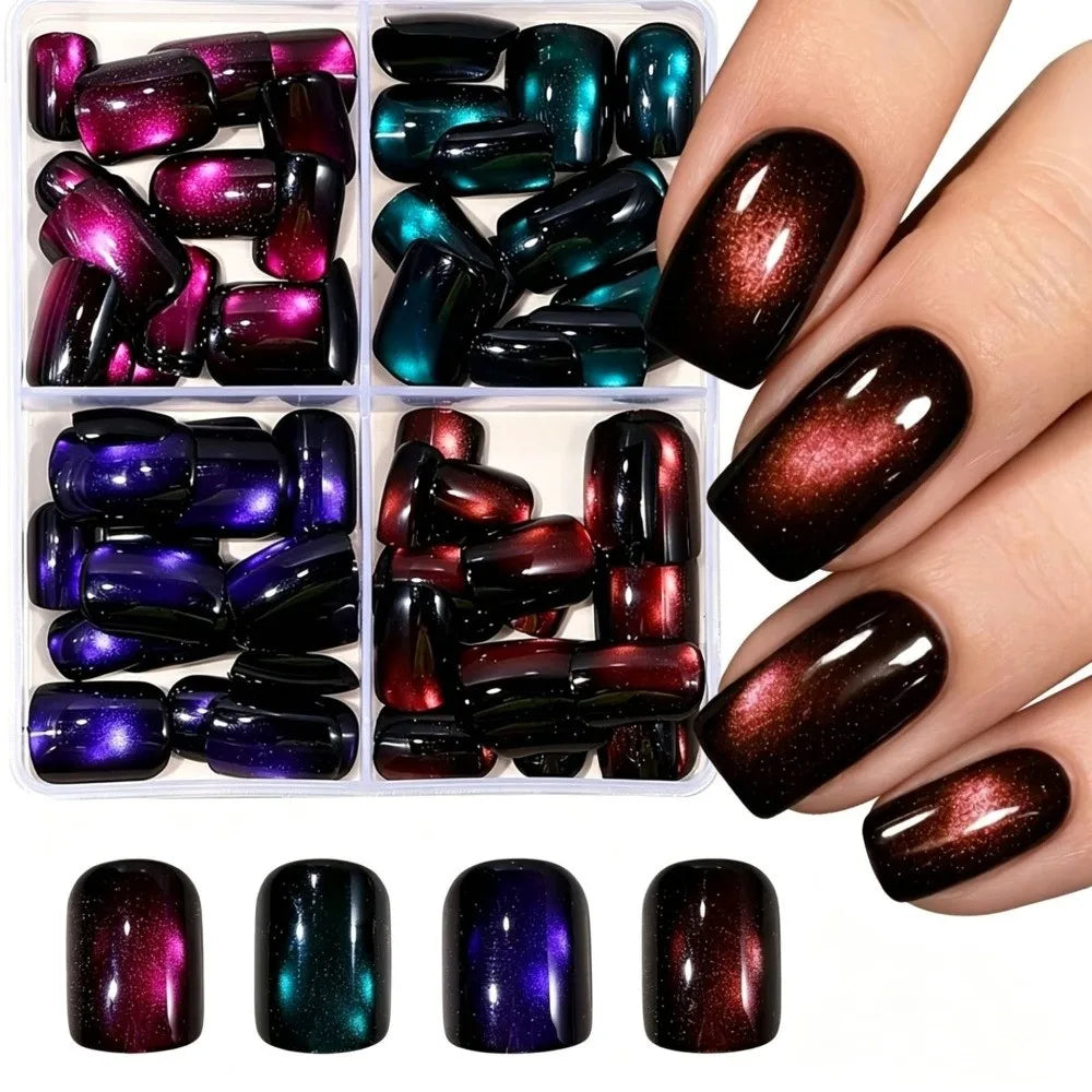 96-Pc Cat Eye Press On Nails | Short Square Glossy Glitter Press On Nails QXL