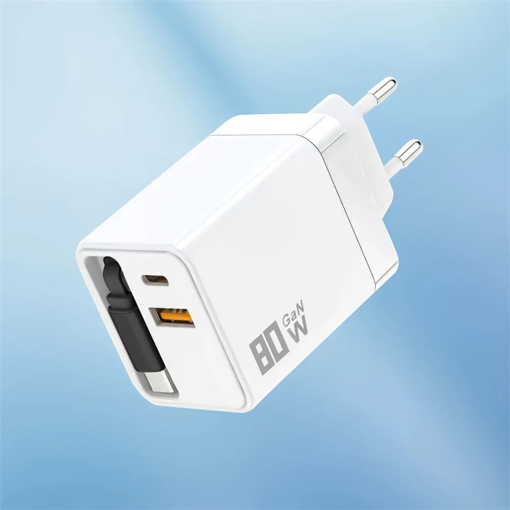 80W GaN USB-C Fast Charger with Retractable Cable | PD Quick Charge USB-C Fast Charger QXL White EU
