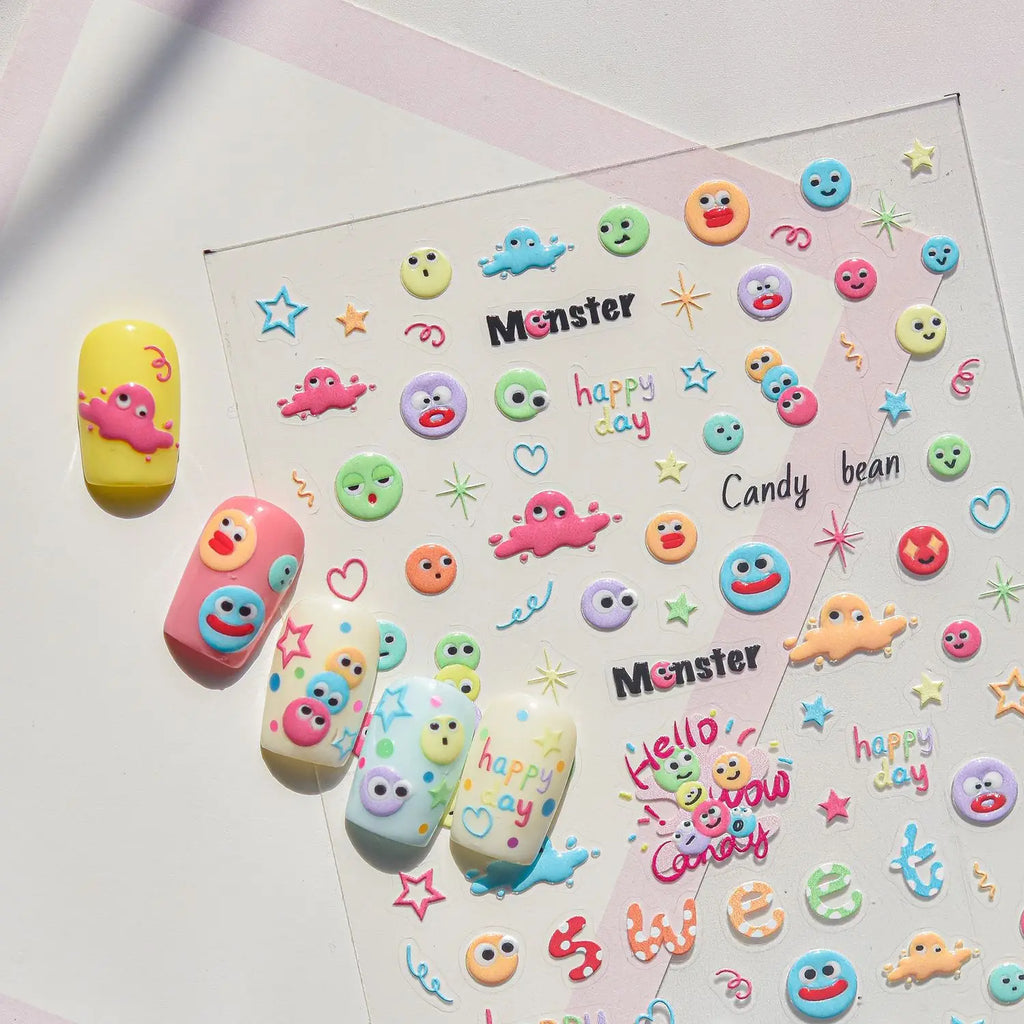 5D Cartoon Nail Stickers | Smiley Monster Star Heart Decals Nail Art Stickers QXL