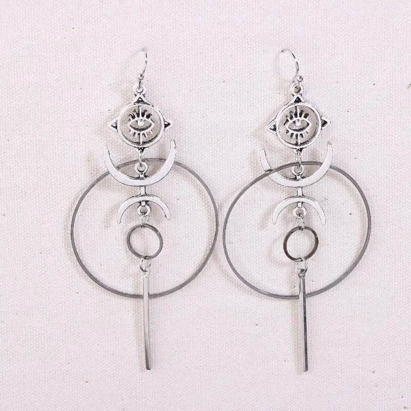 Moon Crescent Devil Eye Long Drop Earrings | Vintage Statement Drop Earrings QXL