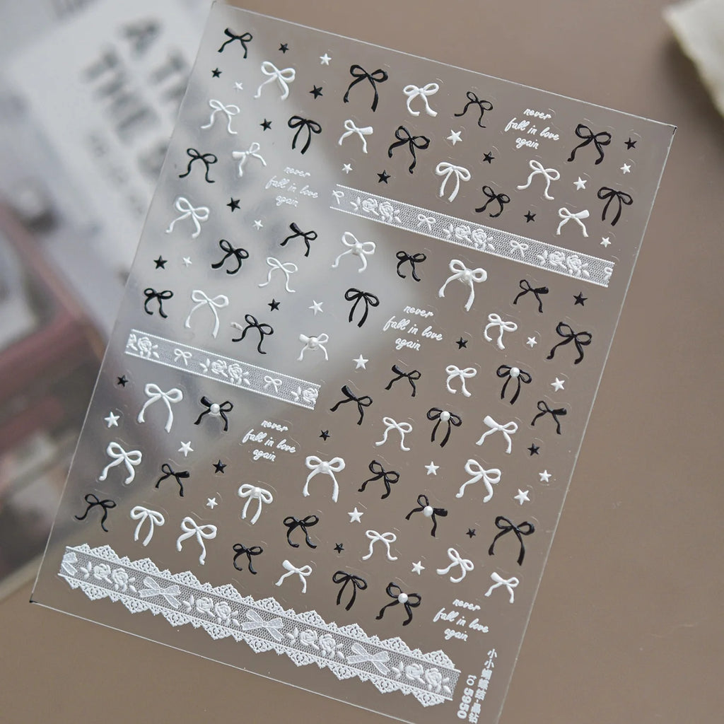 5D Ballet Bow Nail Stickers | Black White Lace Decals Nail Art Stickers QXL