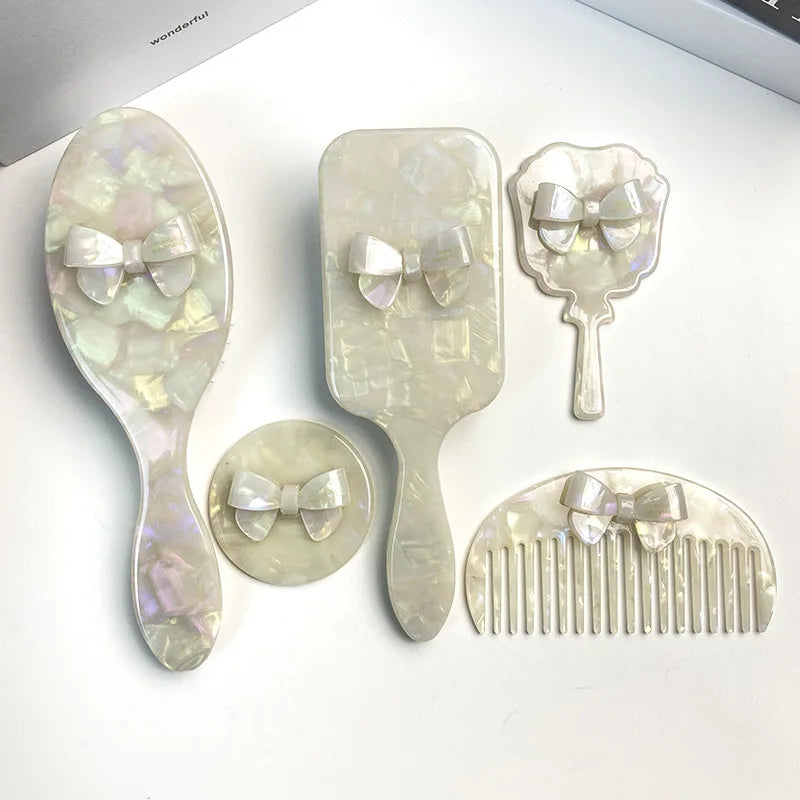 Elegant Acetate Hair Comb & Compact Mirror | Bow Detail Acetate Hair Comb QXL