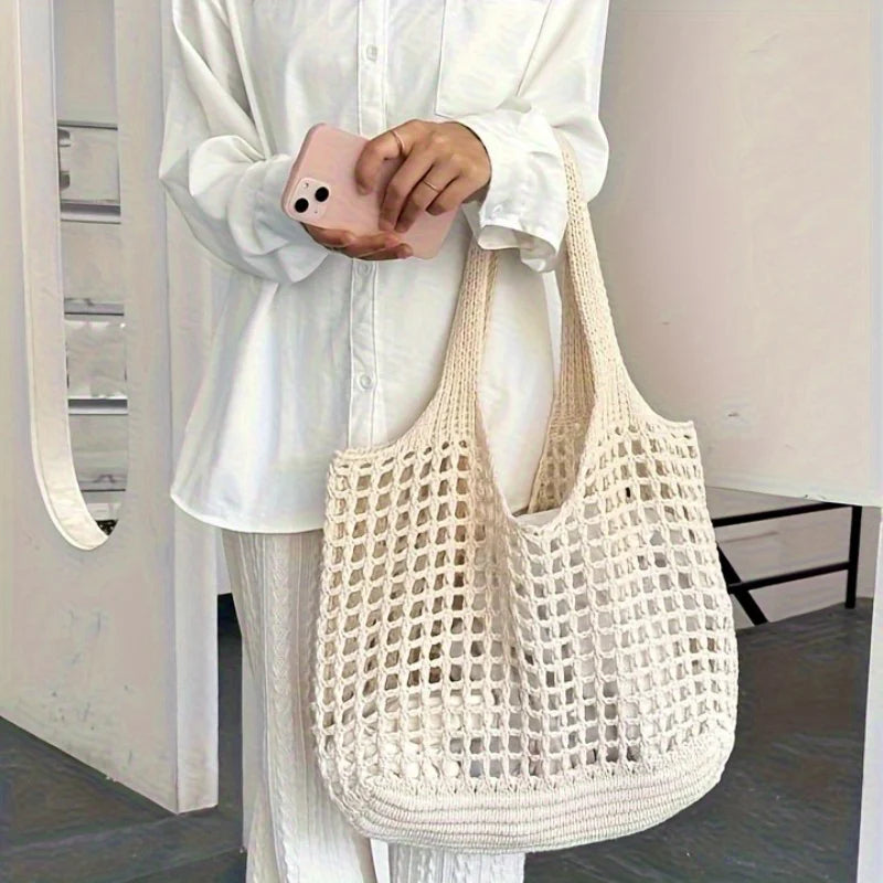 Large Woven Tote Bag | Hollow Shoulder Bag for Summer Travel Woven Tote Bag QXL