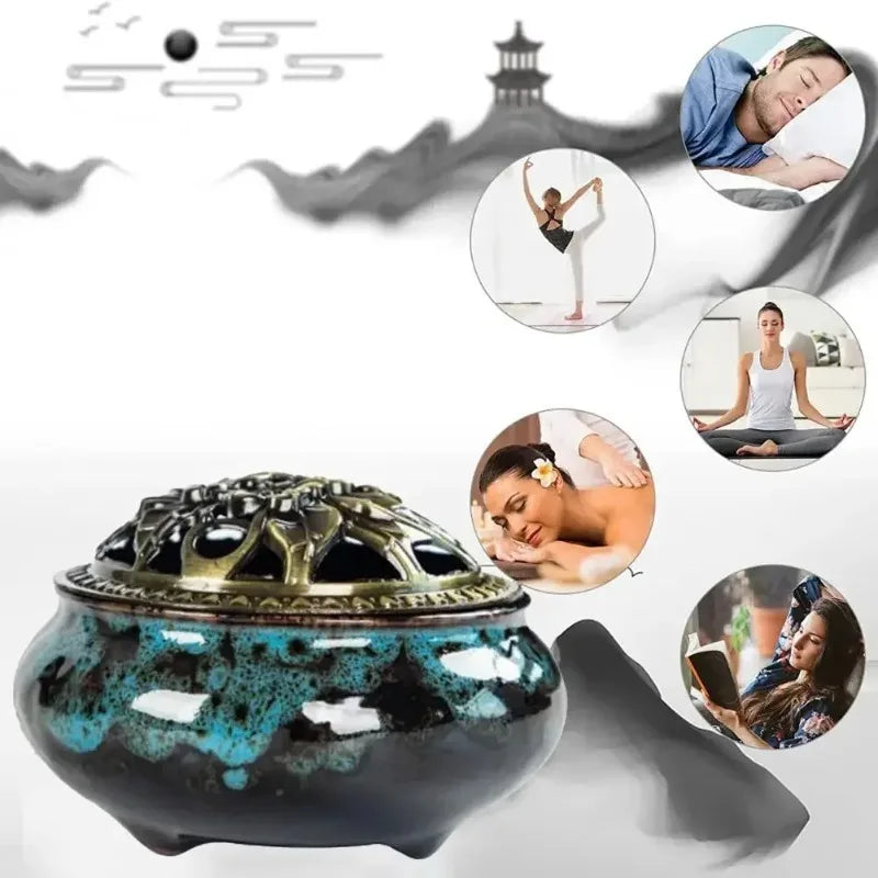 Ice Crack Ceramic Incense Burner with Hollow Lid | Cone & Stick Incense Burner QXL