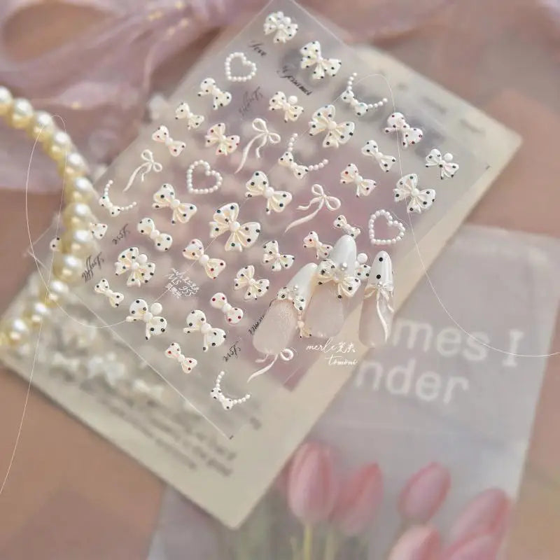 3D Heart Pearl Bow Ribbon Nail Stickers | Self-Adhesive DIY Nail Art Stickers QXL