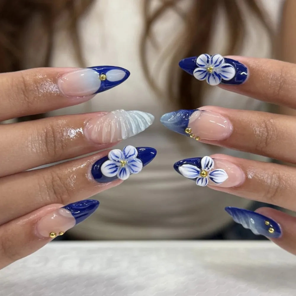 24-Pc Aurora Flower Almond Press-On Nails | French Tip Press-On Nail Set QXL JP3907