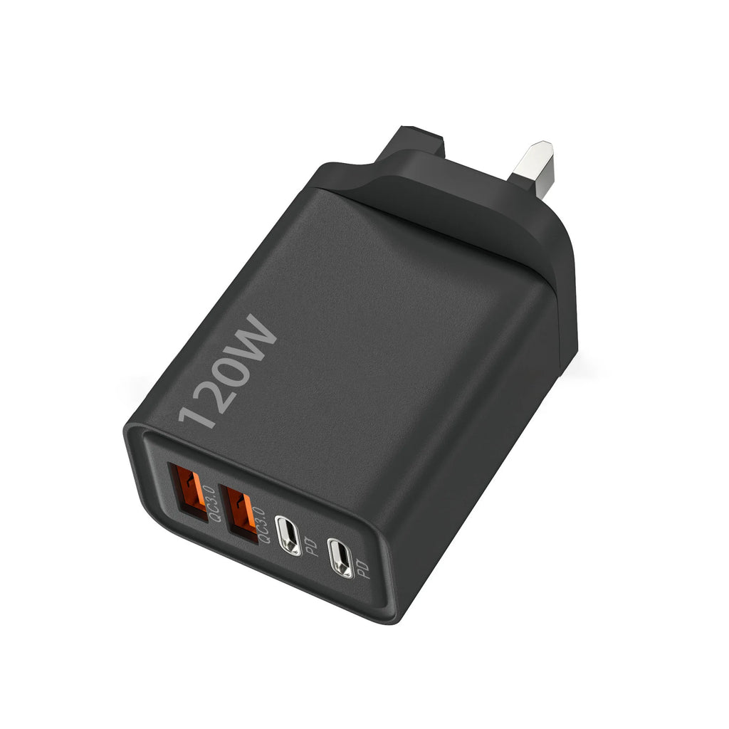 4-Port 120W USB-C PD Fast Charger QC3.0 | EU US UK Plug USB Wall Charger QXL Black UK Plug