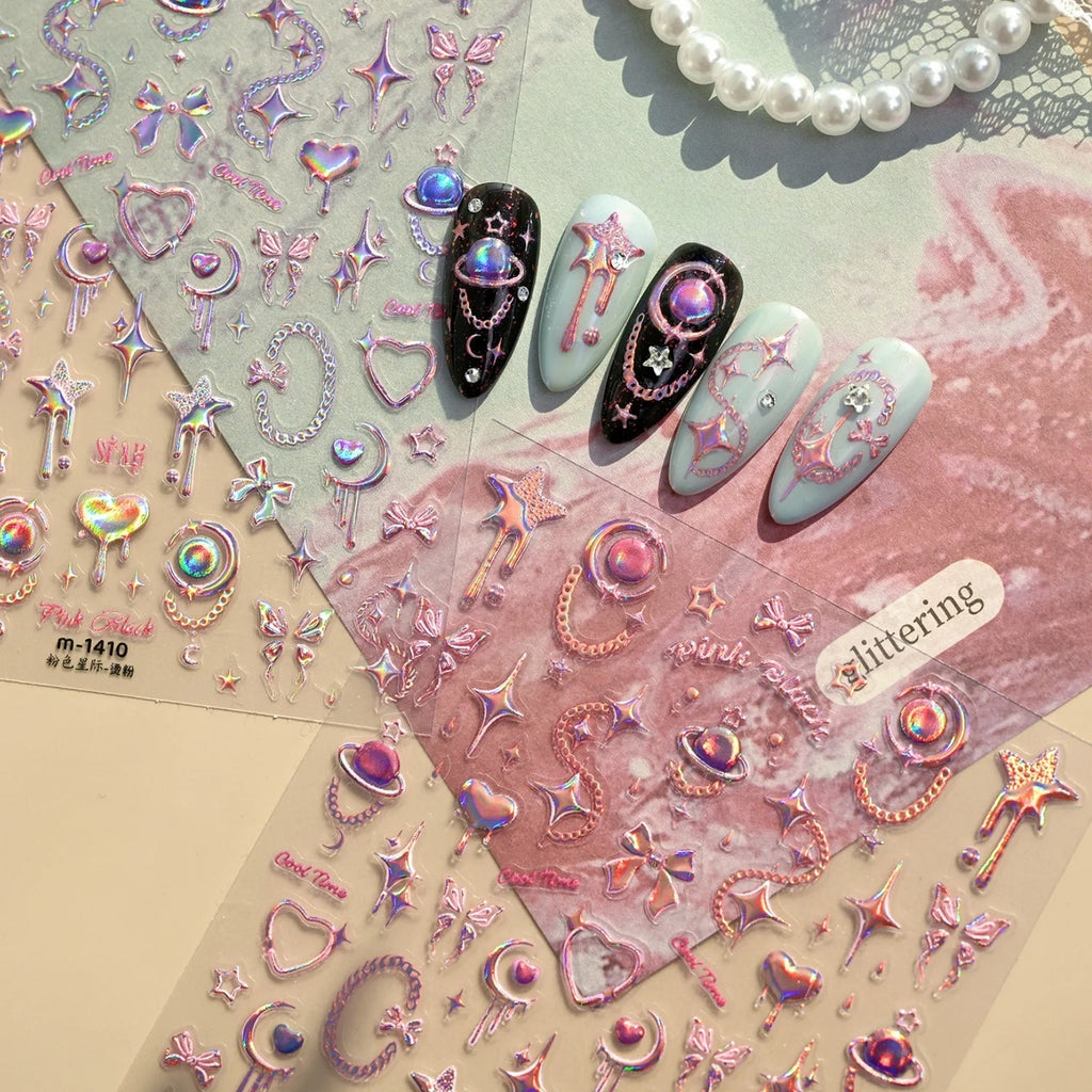 5D Holographic Y2K Nail Stickers | Star Moon Heart Decals Nail Art Stickers QXL