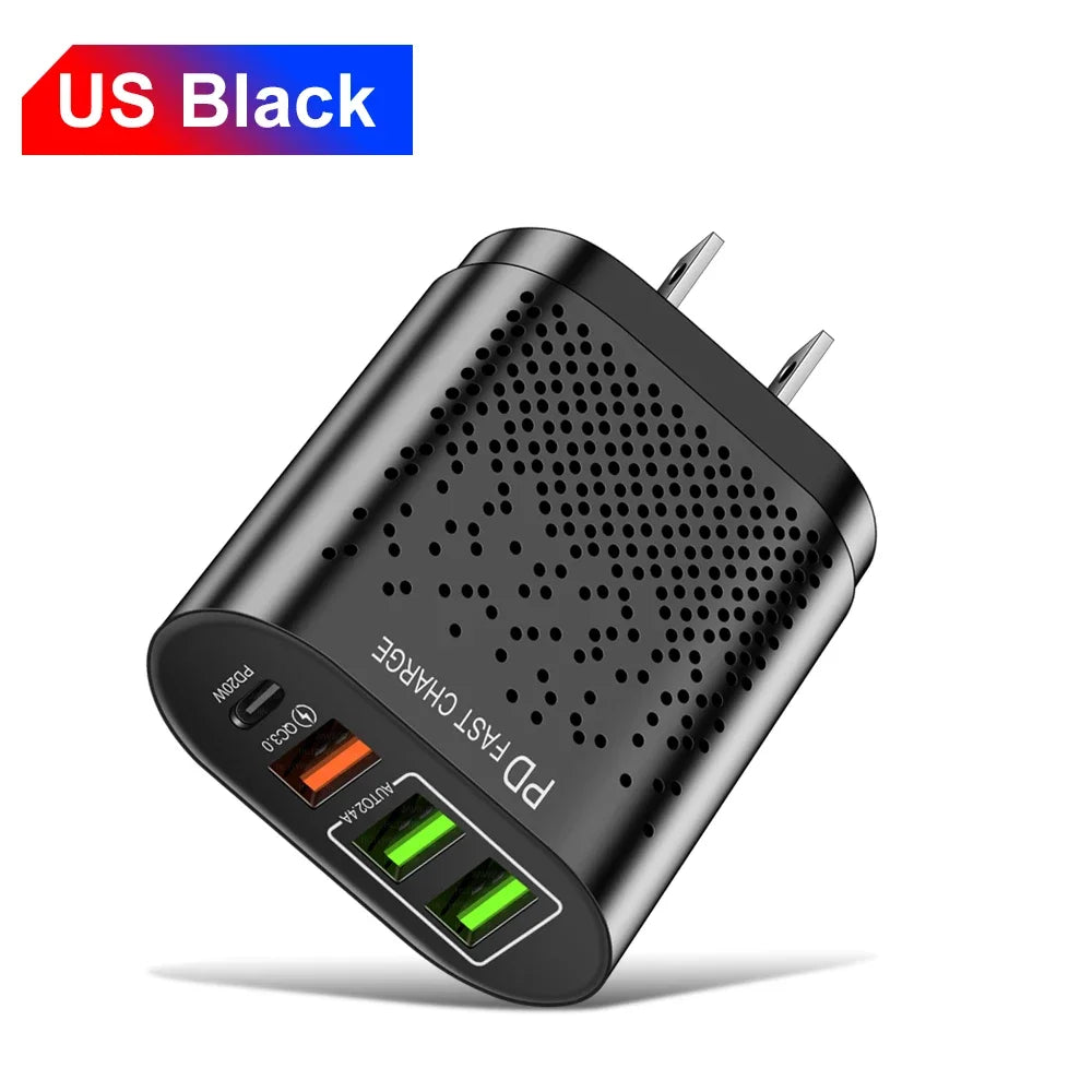 4-Port USB-C Wall Charger PD 20W & Quick Charge 3.0 USB Wall Charger QXL Black US