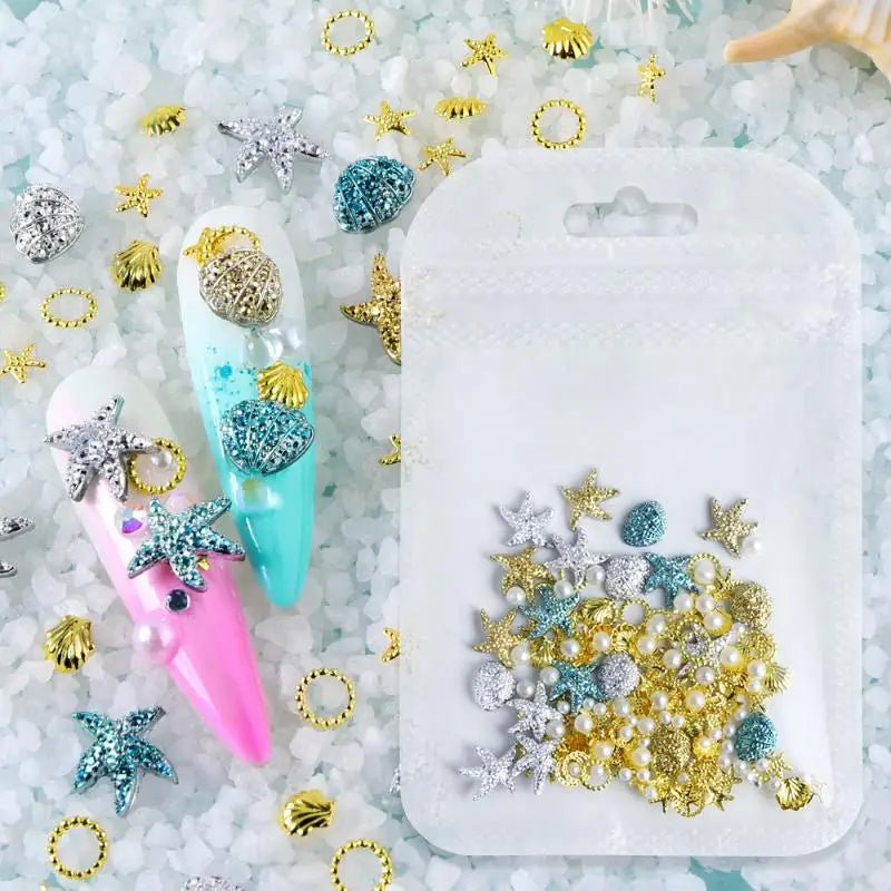 3D Ocean Nail Charms – Shell Starfish Pearl Metal Resin Art 3D Nail Charms QXL