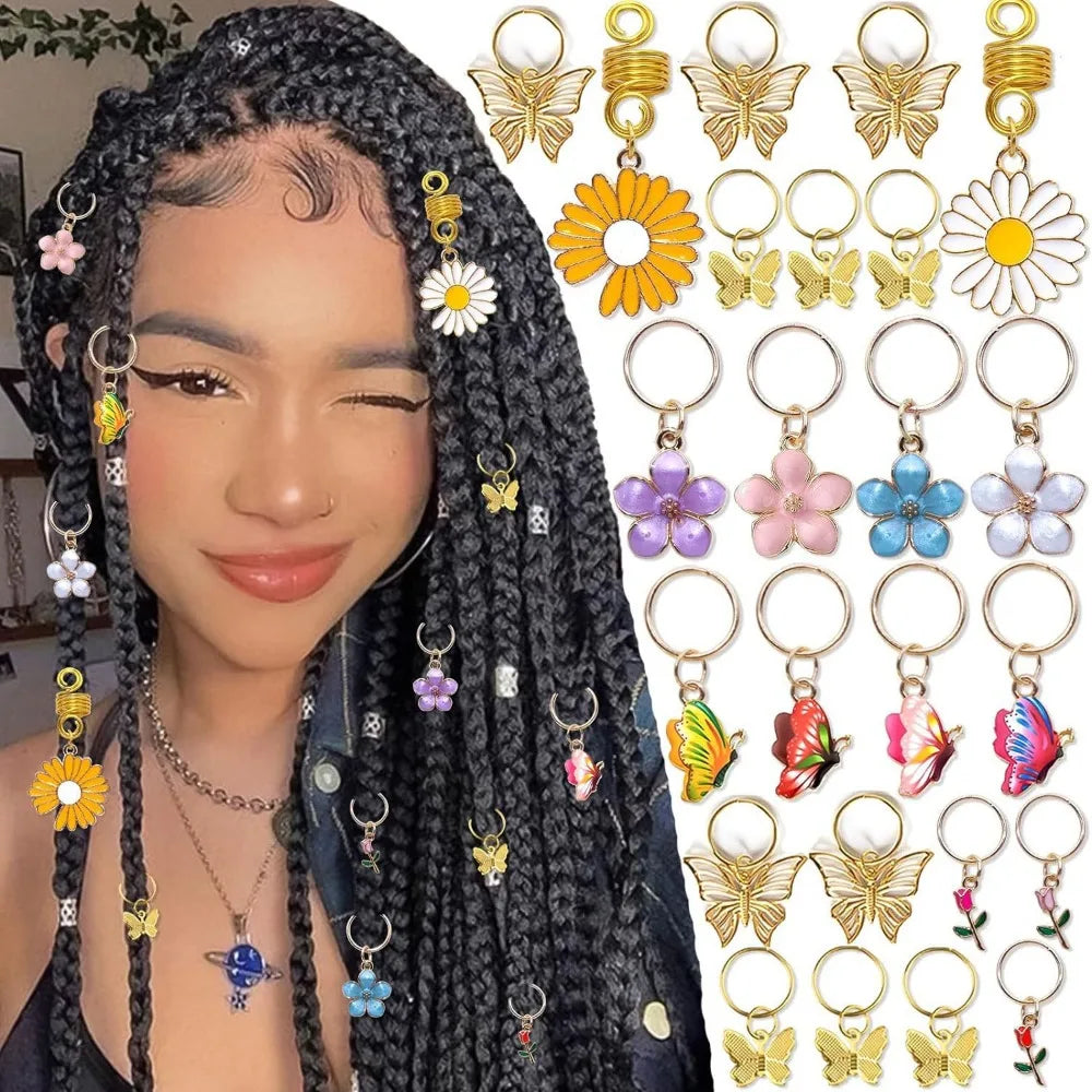 24-Piece Flower & Butterfly Dreadlock Hair Rings Set Dreadlock Hair Rings QXL