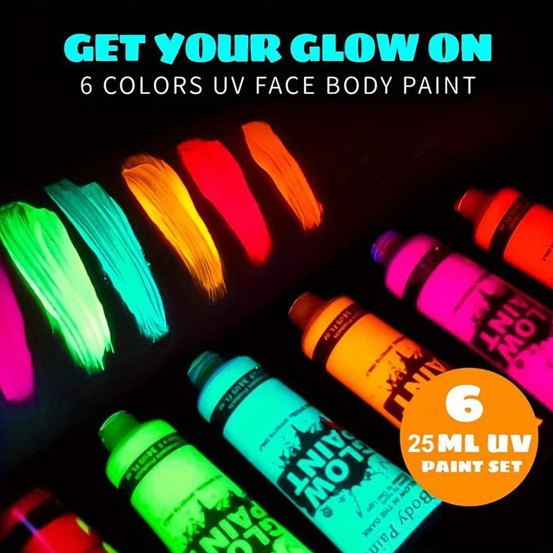 6-Pack Neon UV Glow Face & Body Paint – 6 Colors, 25ml UV Face & Body Paint QXL