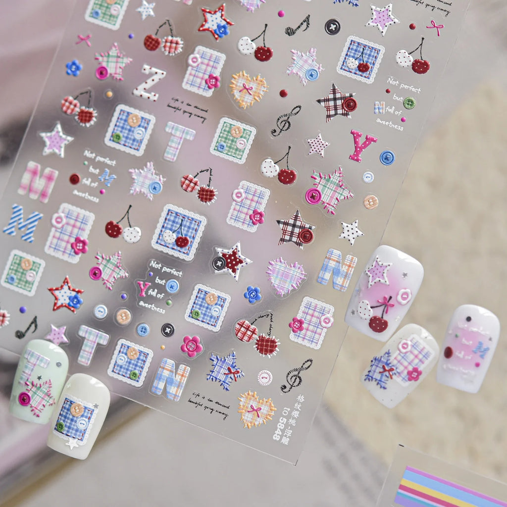 5D Nail Stickers – Plaid, Hearts, Cherries & Star Decals Nail Art Stickers QXL