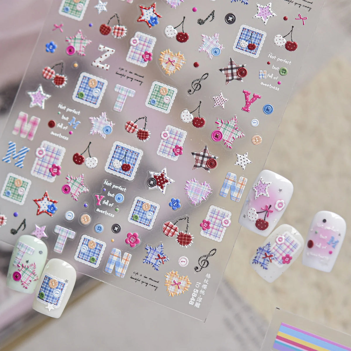 5D Nail Stickers – Plaid, Hearts, Cherries & Star Decals Nail Art Stickers QXL