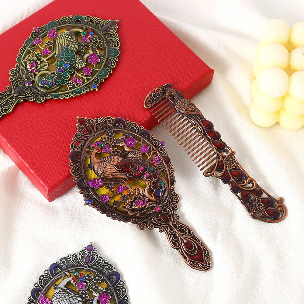 Peacock Embossed Metal Handheld Mirror & Comb Set – 2 Pcs Vanity Mirror Set QXL