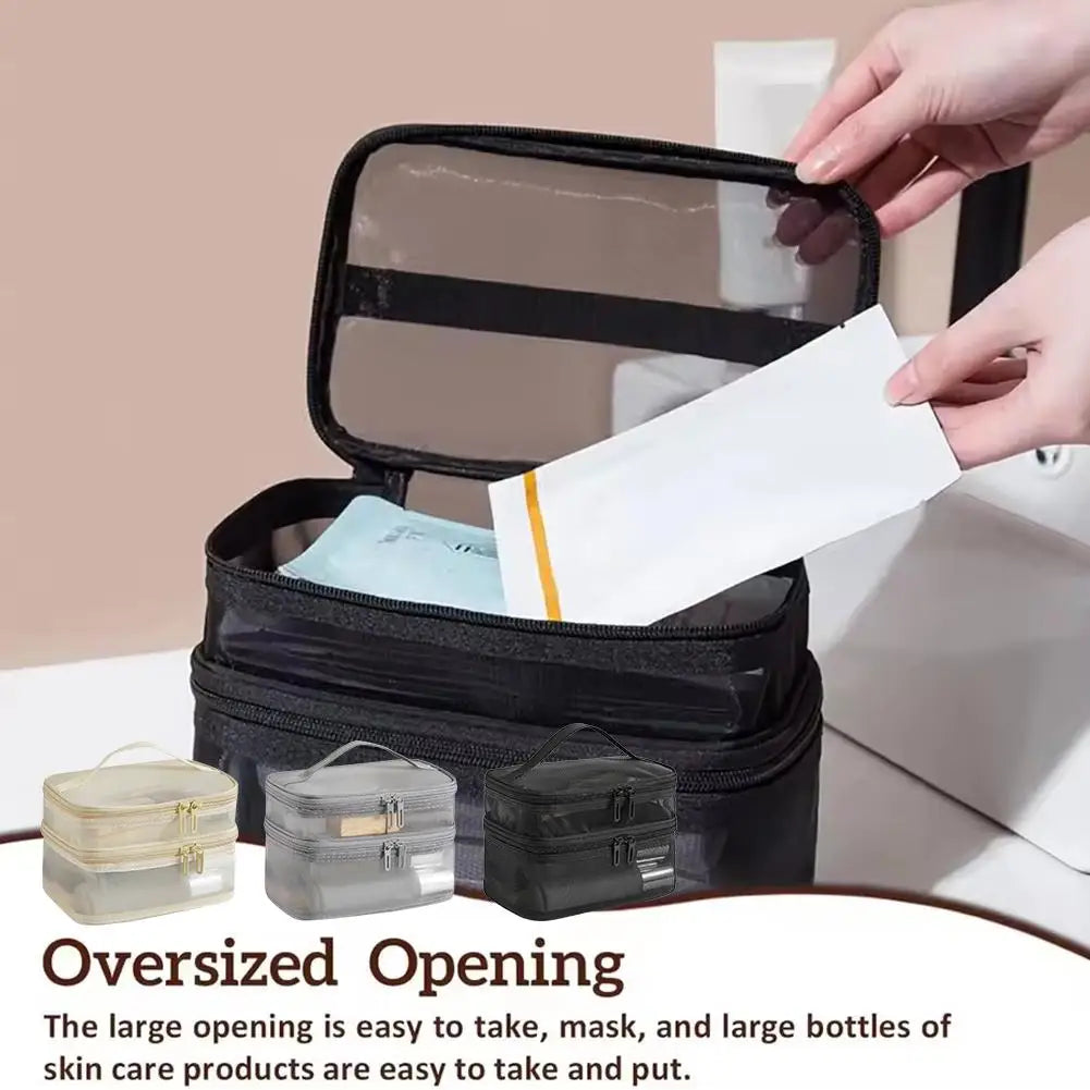 2-Layer Mesh Travel Cosmetic Organizer Bag | Foldable Makeup Pouch Travel Cosmetic Bag QXL