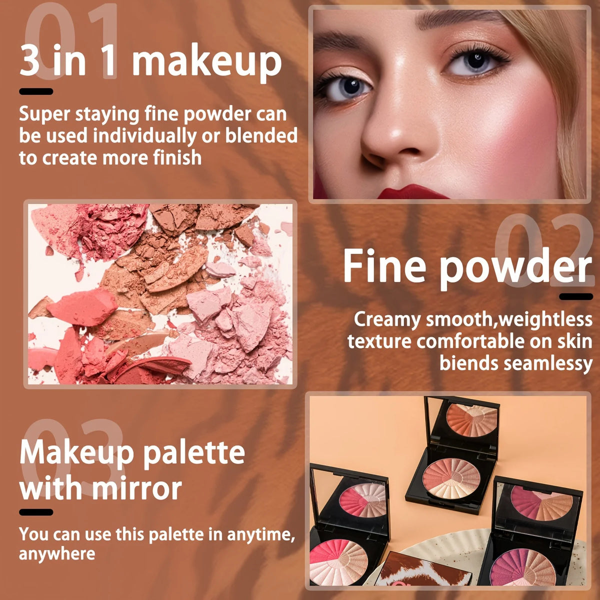 SU YAMMY 3-in-1 Blush Bronzer Highlighter Palette | Matte & Shimmer Blush Bronzer Palette QXL