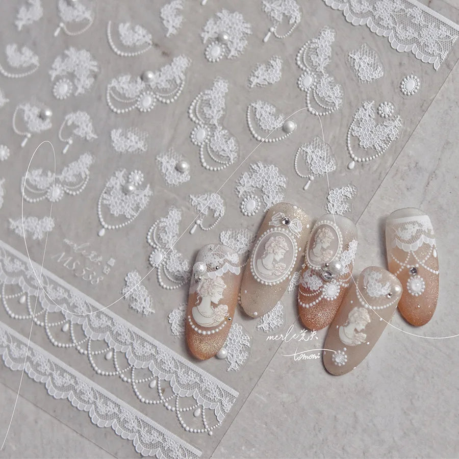 5D Lace Flower Nail Stickers | Crystal Diamond Pearl Decals Nail Art Stickers QXL