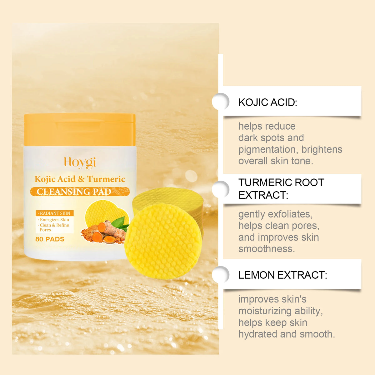 Turmeric Kojic Acid Cleansing Pads 80-Pack | Brighten & Exfoliate Facial Cleansing Pads QXL