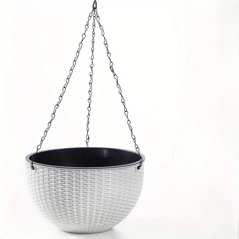 Self-Watering Hanging Planter | Rattan Design | Easy Drain Hanging Planter QXL White