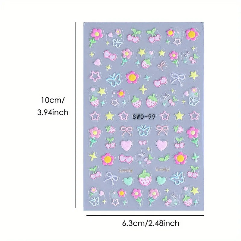3D Matte Nail Art Stickers | Kawaii Cherry Bow Butterfly Floral Nail Art Stickers QXL