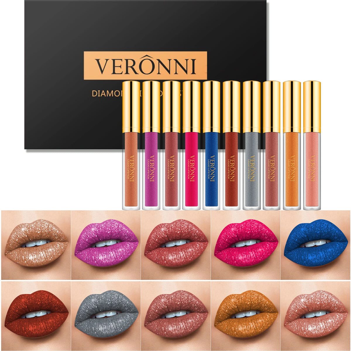 VERONNI 10-Colour Diamond Shimmer Lip Gloss Set | Long-Lasting Lip Gloss Set QXL 1 set