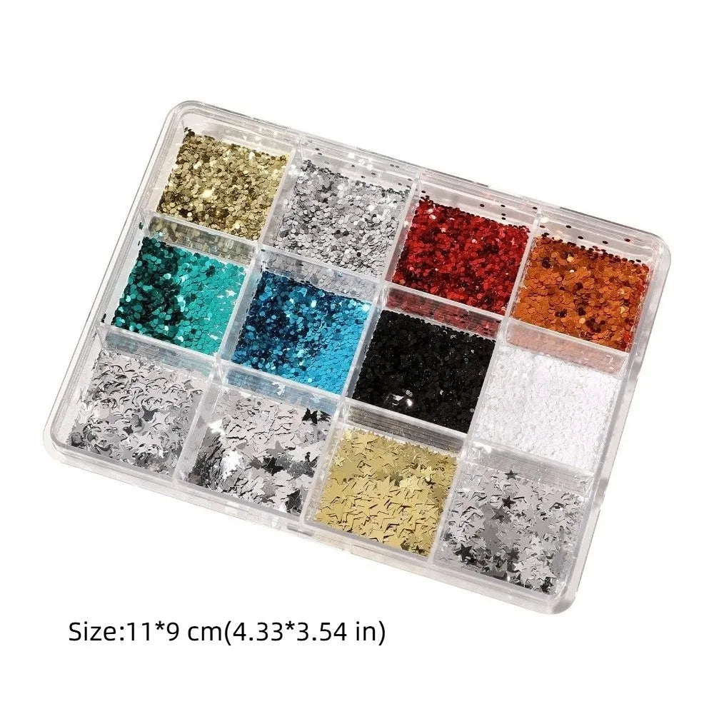 12-Grid Nail Art Sequins Kit | Glitter Flakes Stars & Dots Nail Art Glitter Set QXL