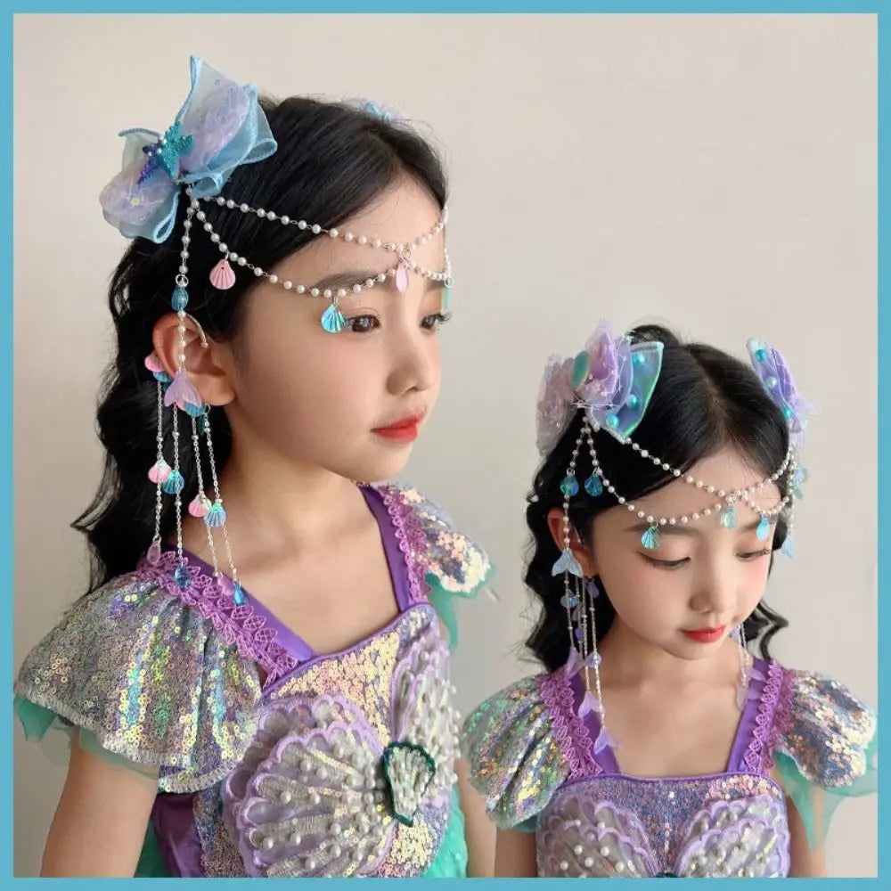Kids Mermaid Pearl Fairy Hair Clips | Tassel Forehead Chain Kids Hair Clips QXL