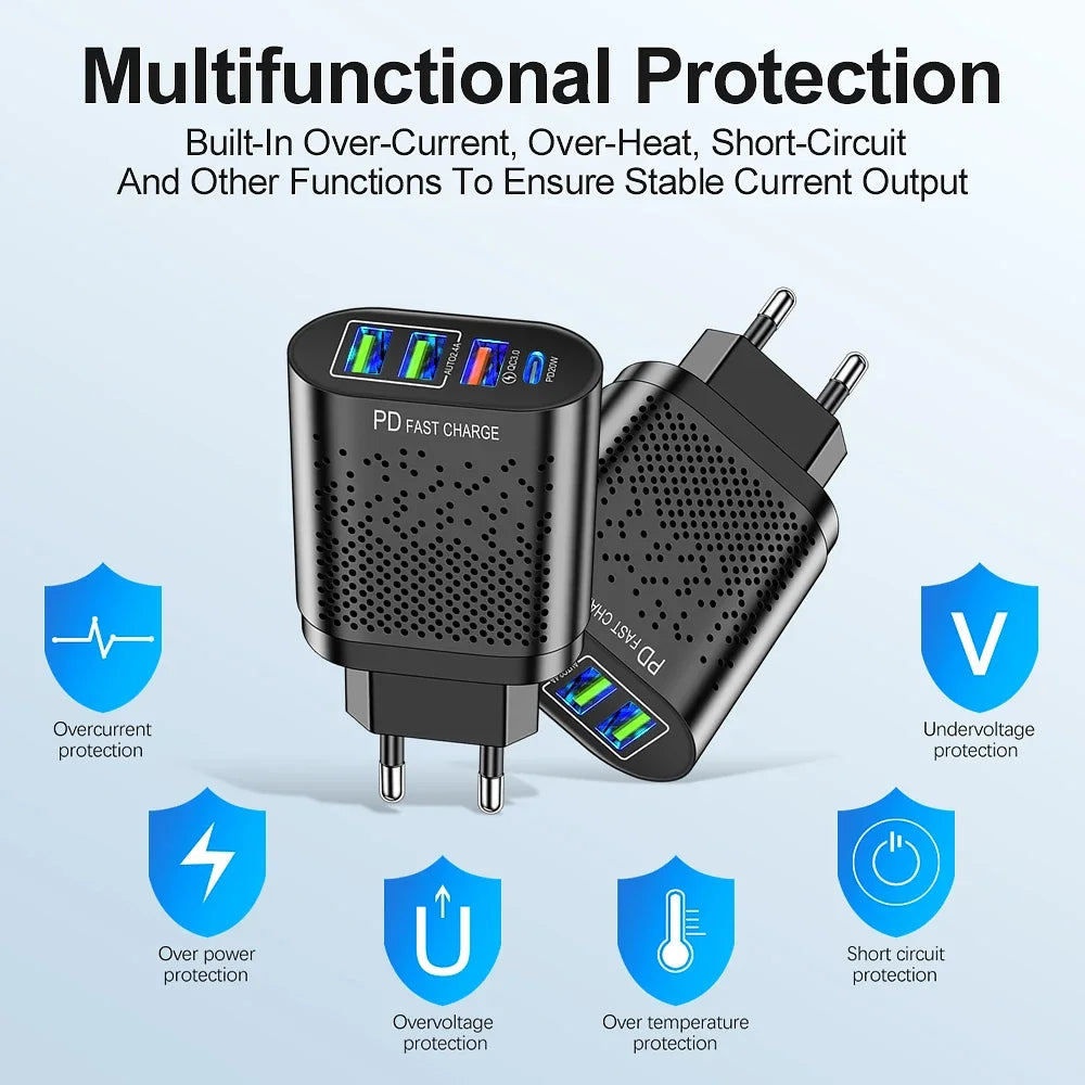 4-Port USB-C Wall Charger PD 20W & Quick Charge 3.0 USB Wall Charger QXL