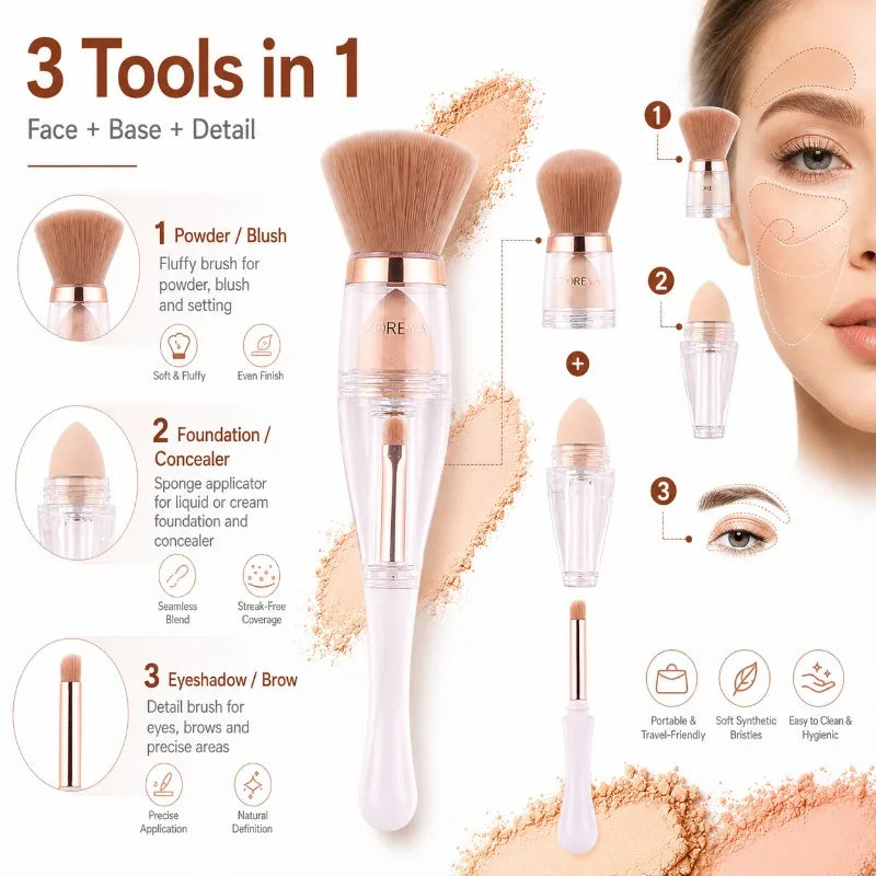 3-in-1 Makeup Brush | Powder, Sponge & Detail – Travel Kit Makeup Brush Set QXL