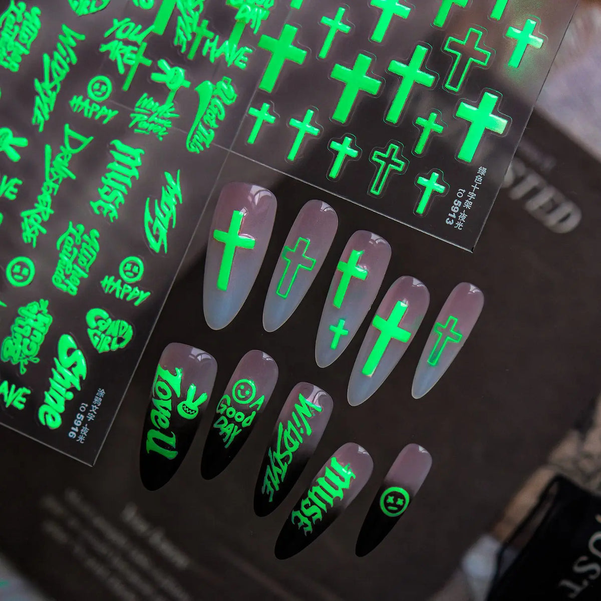 5D Glow-in-Dark Gothic Cross Nail Stickers | Self-Adhesive Nail Art Stickers QXL