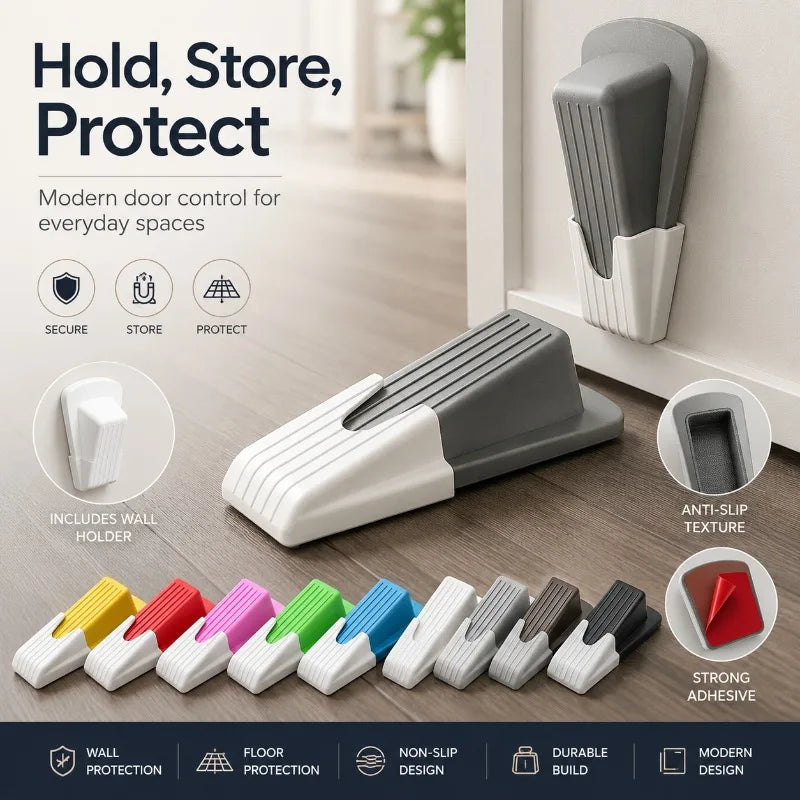 Self-Adhesive Wedge Door Stopper with Wall Holder | No-Drill Wedge Door Stopper QXL
