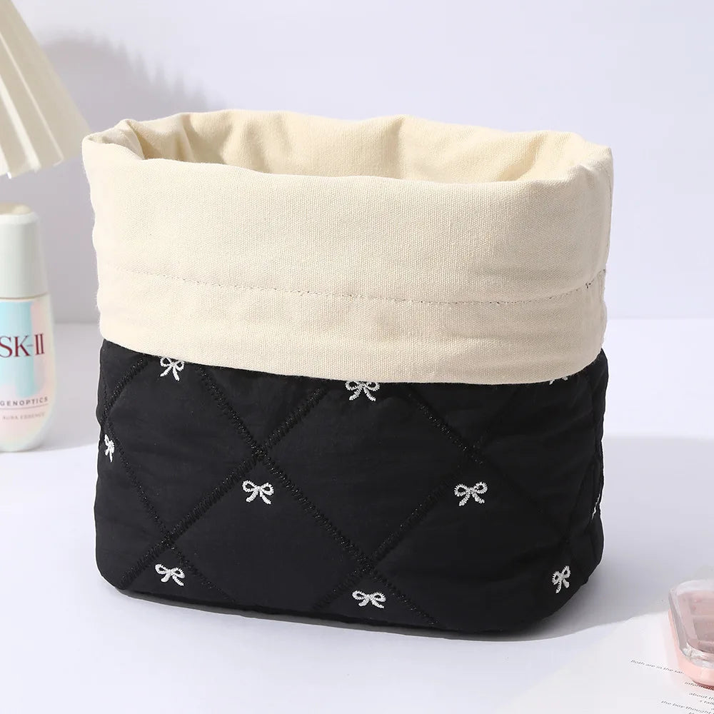 Quilted Drawstring Makeup Bag | Bow Embroidery Cosmetic Organizer Cosmetic Drawstring Bag QXL Black