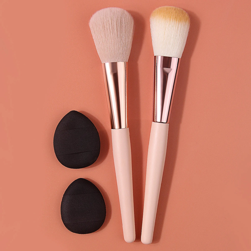 4-Piece Blush Brush & Powder Puff Set | Pink Wood Handles Makeup Brush Set QXL
