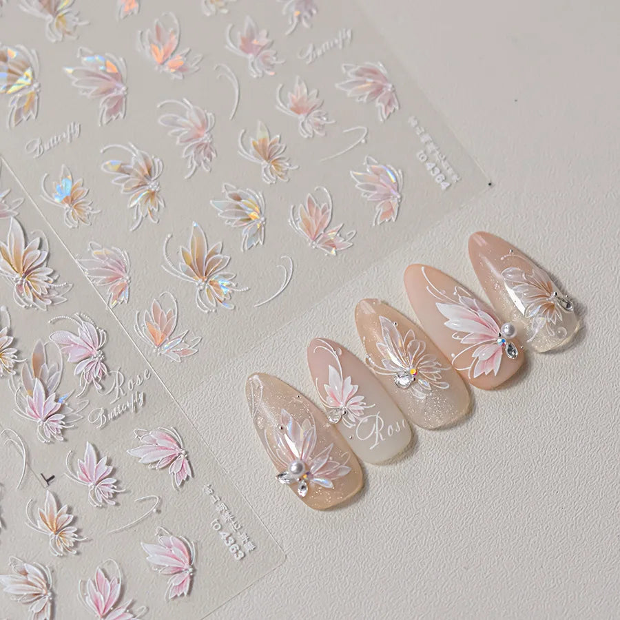 5D Butterfly Flower Nail Stickers | Rhinestone Pearl Decals Nail Art Stickers QXL